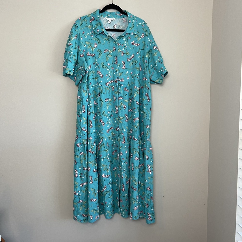 Crown & Ivy Linen Blend  Floral Coastal Cottagecore Button Front Shirt Dress XXL